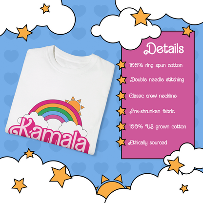 Folded white T-shirt surrounded by colorful illustrations of stars and rainbows with a simplified description of details.