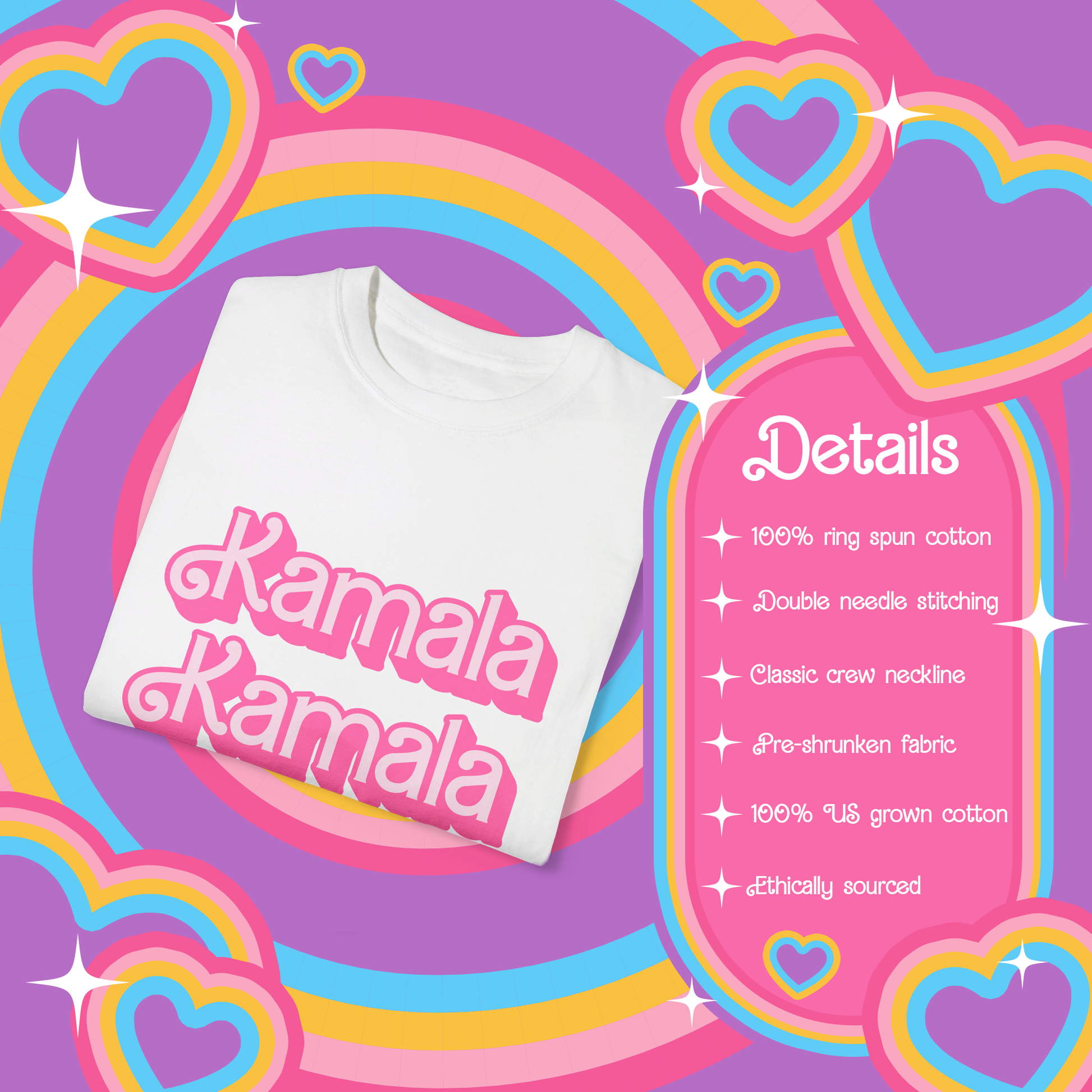 Folded white T-shirt with a colorful rainbow illustrated background and a short list of details.