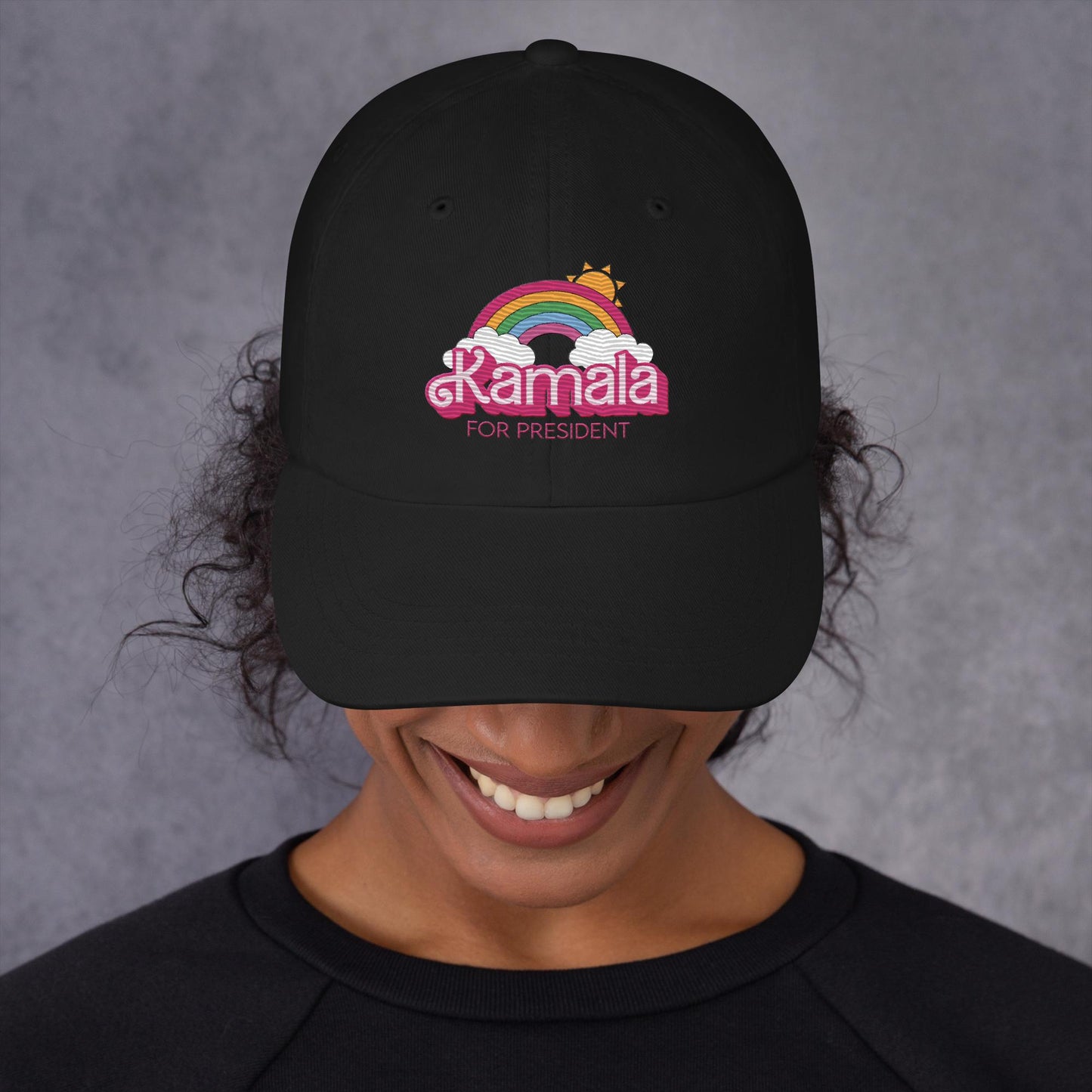 Kamala Doll Rainbow Clouds Embroidered Dad Hat - Cute, Fun, Girly, Feminine, Demure, Election Style