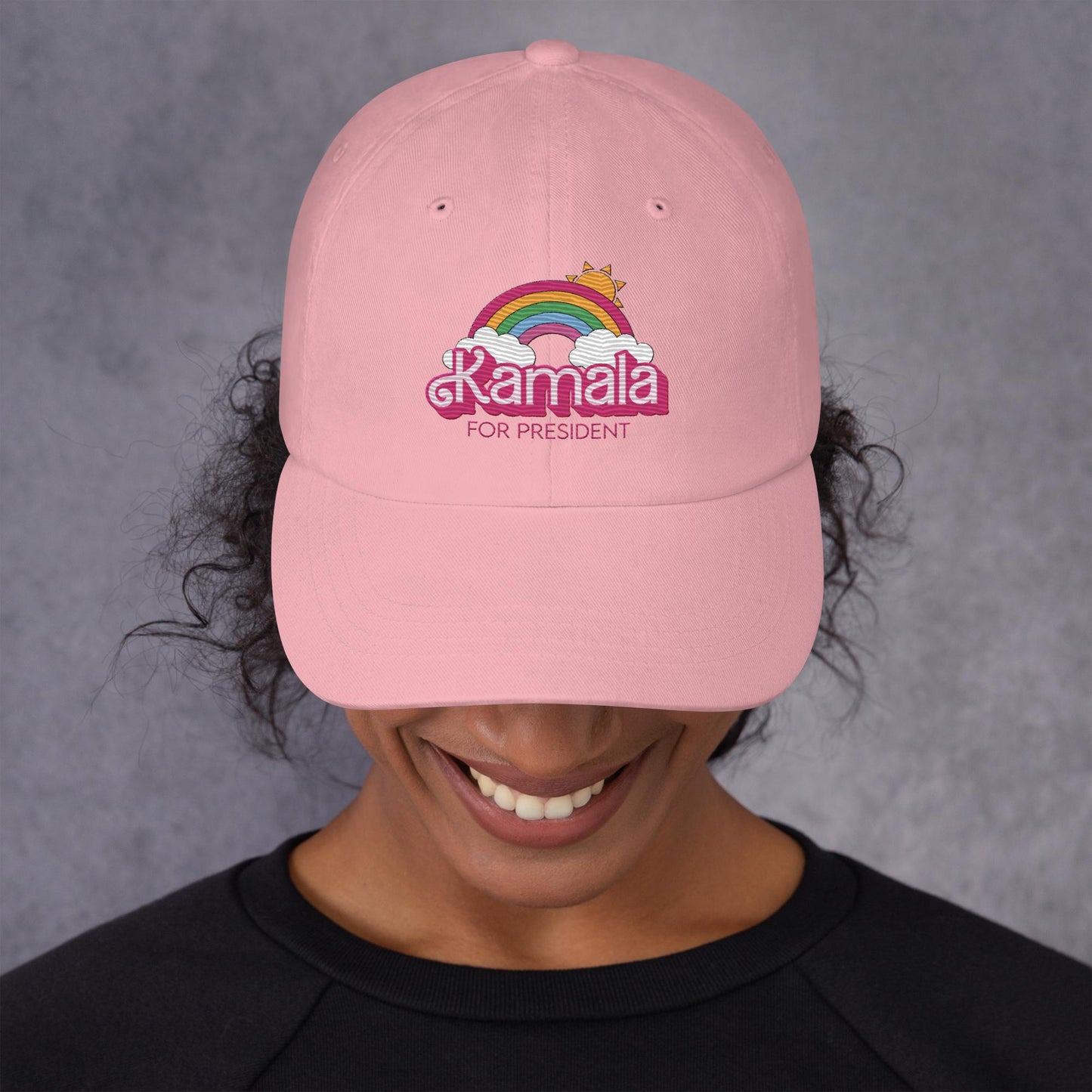 Kamala Doll Rainbow Clouds Embroidered Dad Hat - Cute, Fun, Girly, Feminine, Demure, Election Style