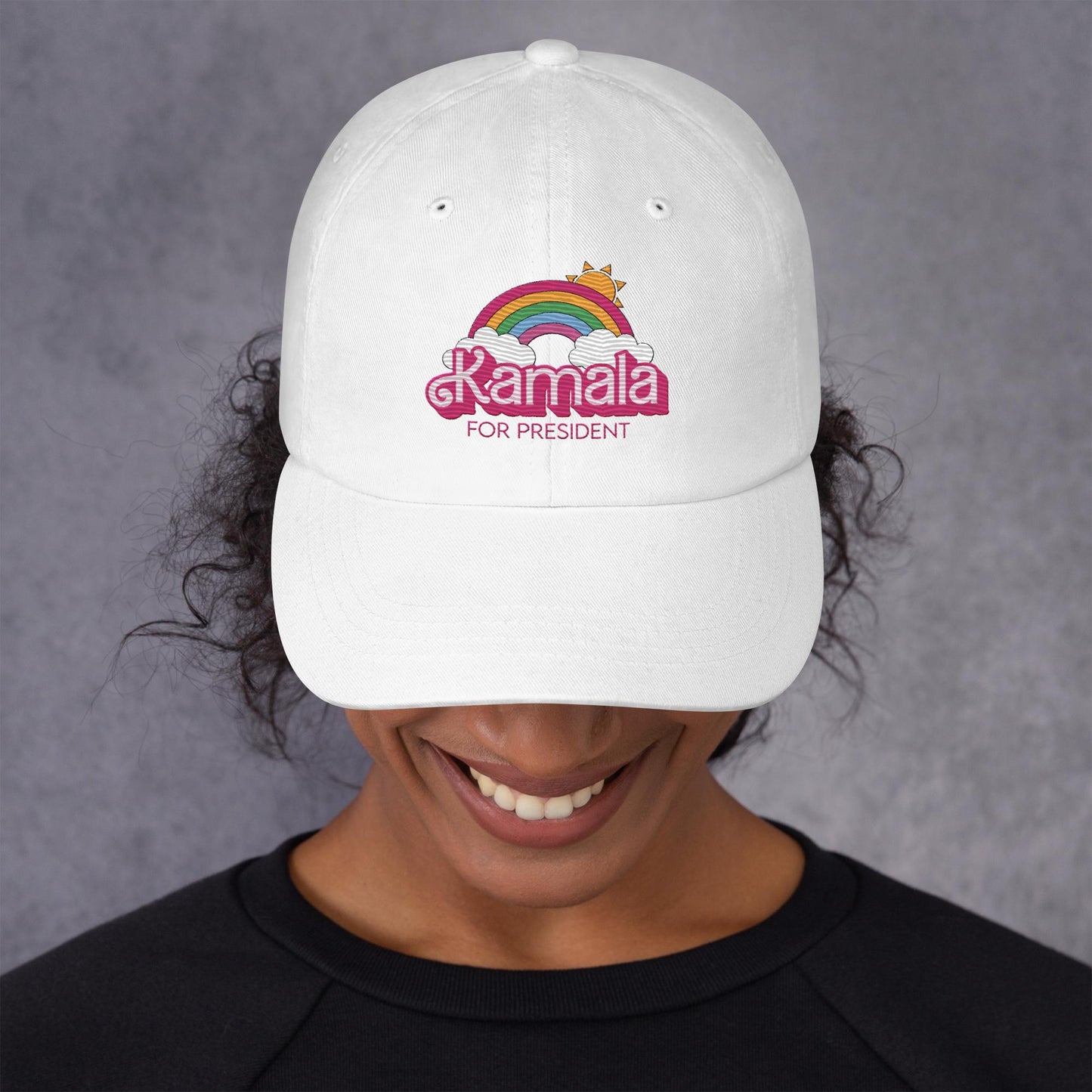 Kamala Doll Rainbow Clouds Embroidered Dad Hat - Cute, Fun, Girly, Feminine, Demure, Election Style